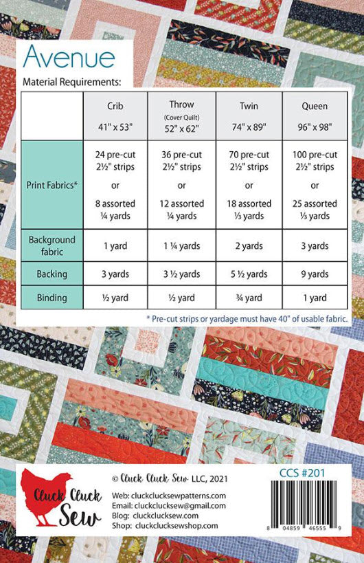 A sewing pattern back cover page for 'Avenue' by Cluck Cluck Sew, showing a material requirements table for crib, throw, twin, and queen sizes. The page features a colorful quilt pattern collage in the background and a barcode at the bottom right.
