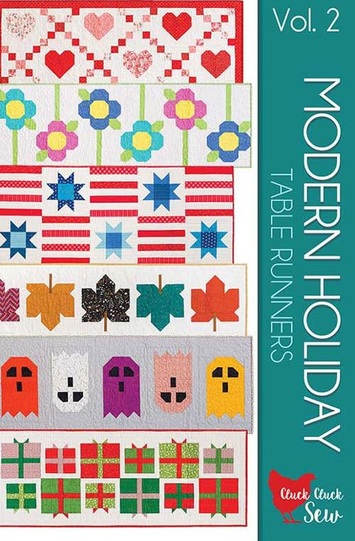 Front cover of a quilting pattern book titled 'Modern Holiday Table Runners Vol. 2' by Cluck Cluck Sew, featuring a vertical teal title panel and a collage of colorful quilt designs including hearts, flowers, stars, leaves, ghosts, and gift boxes.