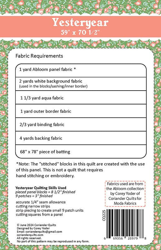 Back pattern sheet for Yesteryear quilting fabric by Cori Voder of Coriander Quilts, showing fabric requirements, a list of materials, a barcode, and a floral border on a white background.