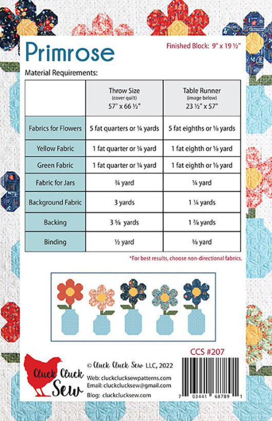 Fabric requirement chart for a quilt block design with flowers and jars, featuring the brand 'Cluck Cluck Sew'.