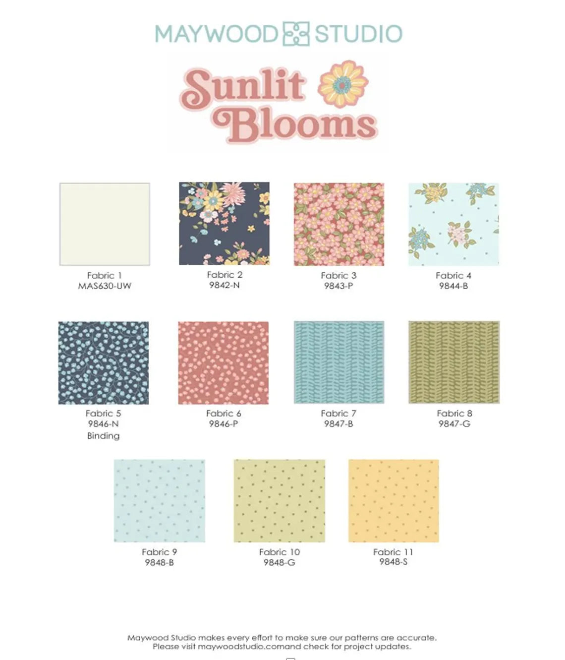 Maywood Studio Sunlit Blooms fabric color and pattern options chart, displaying twelve different fabric swatches with their corresponding codes and names on a white background.