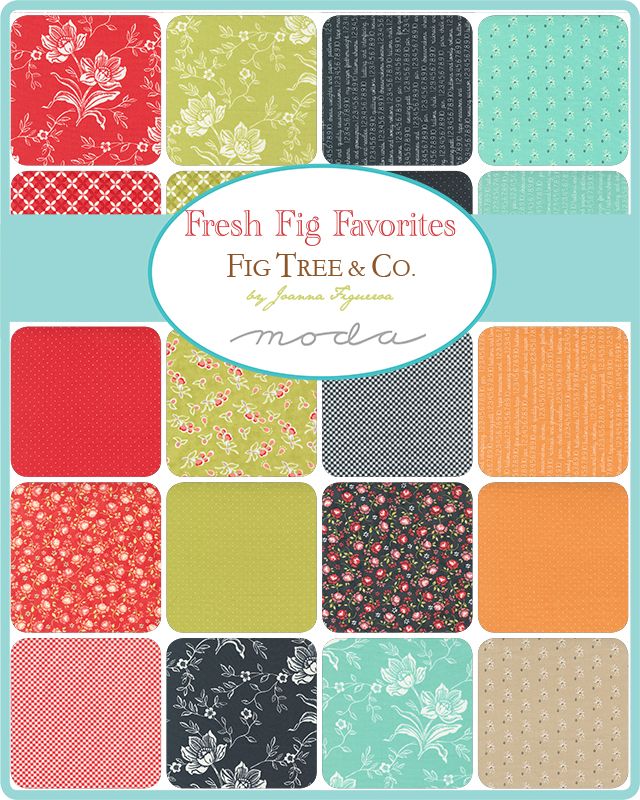 Collection of fabric swatches with various patterns and colors, featuring the brand 'Fig Tree & Co.'