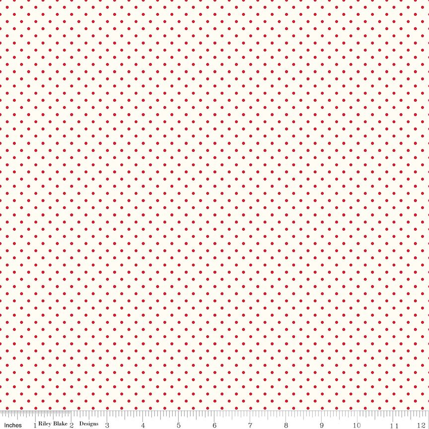 Fabric with small red polka dots on a white background