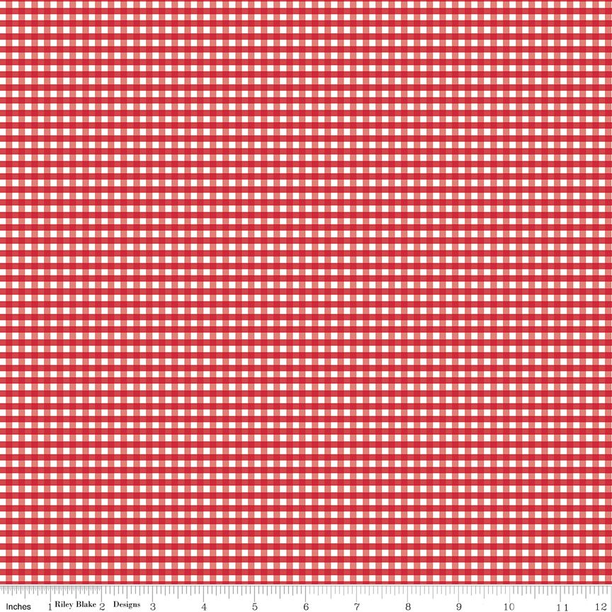 Red and white gingham checkered fabric pattern shown flat, with a small ruler scale along the bottom edge.
