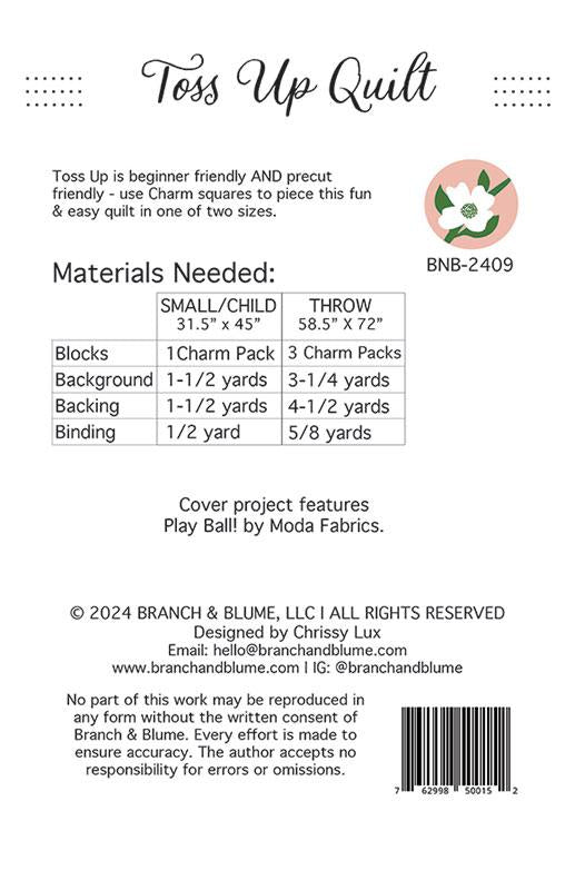 Back of a Toss Up Quilt pattern, showing materials needed in a table for Small/Child and Throw sizes, product code BNB-2409, and a small floral logo.