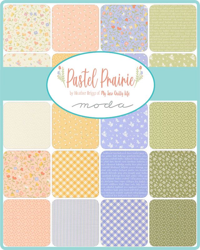 Collection of pastel fabric swatches with 'Moda' branding and 'Pastel Prairie' label.