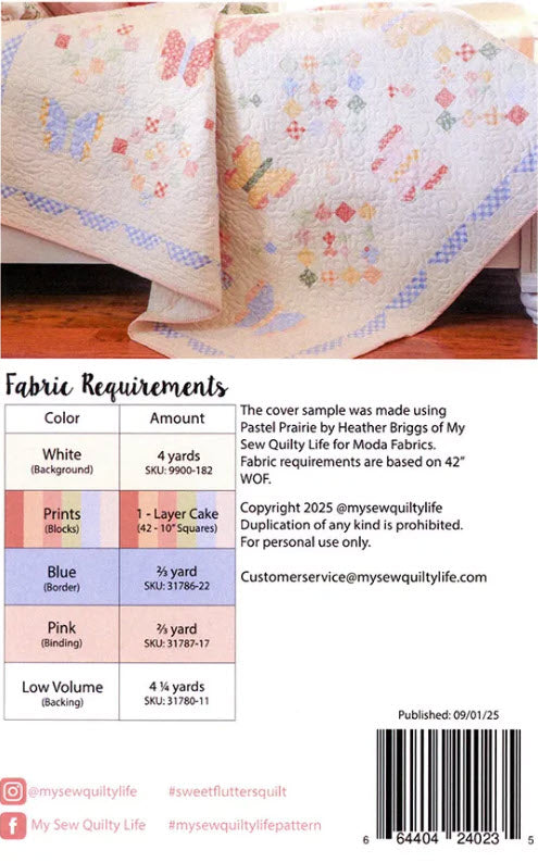 Back cover of a sewing pattern package showing a quilted fabric sample draped over a table, with a photo of the quilt, a fabric requirements table, social media handles, and a barcode.