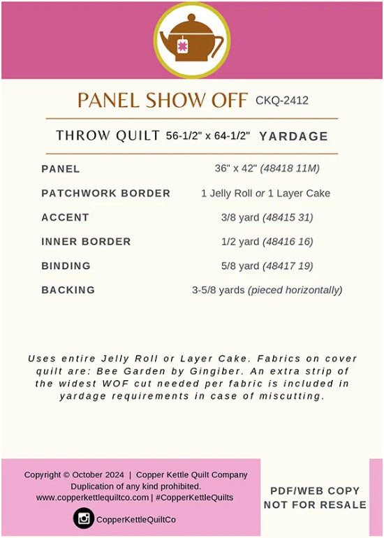 A product specification sheet for a Copper Kettle Quilt throw quilt panel, showing measurements, yardage requirements, and construction details for quilt panels and patchwork borders.