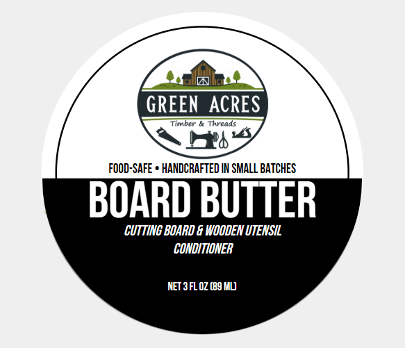 A round product label for Green Acres Timber & Threads Board Butter cutting board and wooden utensil conditioner, with a black-and-white design and product text on a light gray background.