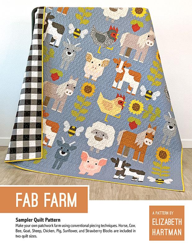 Pattern booklet showing a quilt with farm animals on a wooden floor, featuring brand 'Fab Farm' and pattern designer 'Elizabeth Hartman'.
