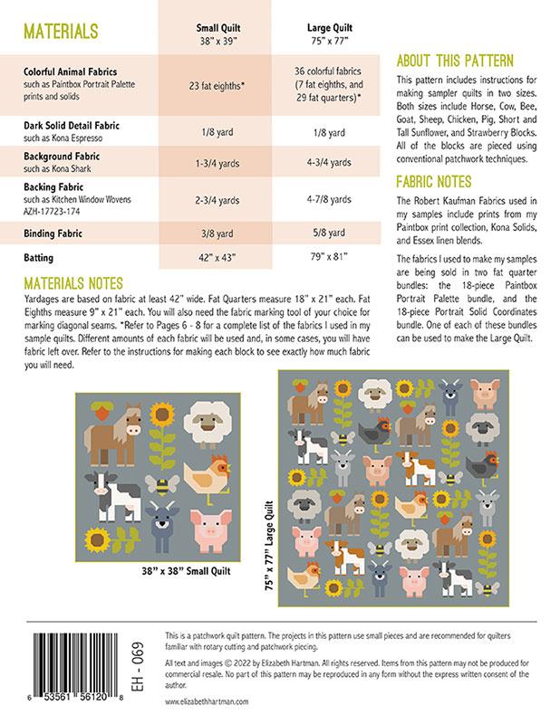Quilt pattern material list with fabric swatches and text on a white background