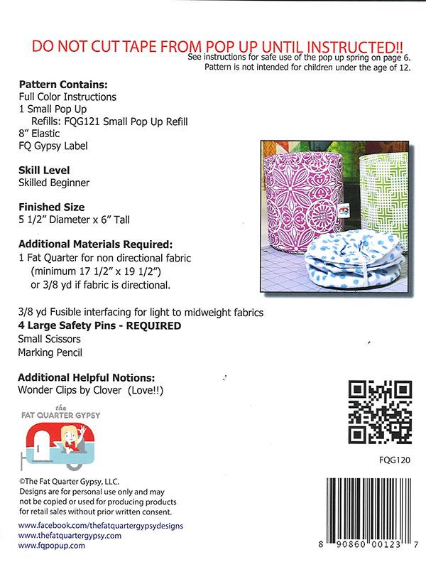 Back of a fabric pattern packaging with text and images of fabric and 3 pop-up buckets.
