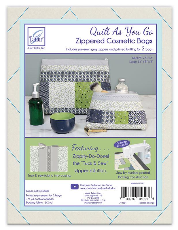 Front cover of a quilting pattern booklet titled 'Quilt As You Go Zippered Cosmetic Bags' by June Tailor Inc., showing two fabric-covered zippered bags and product details on a white background with a blue geometric border.