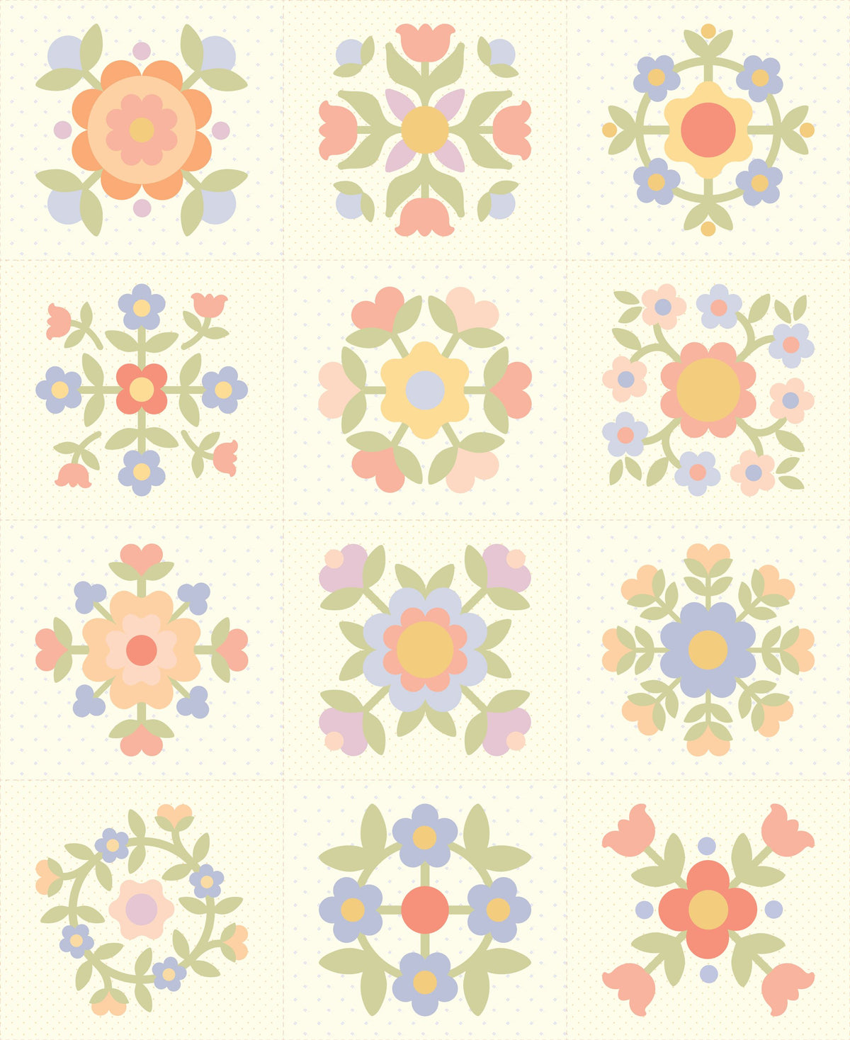 A 4x3 grid of 12 retro-style floral medallion patterns in pastel colors on a cream background.