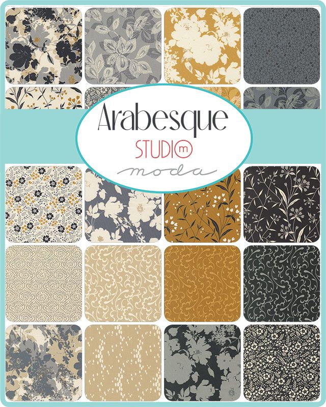 Collection of floral and geometric patterns with 'Arabesque Studio' branding on a teal background.