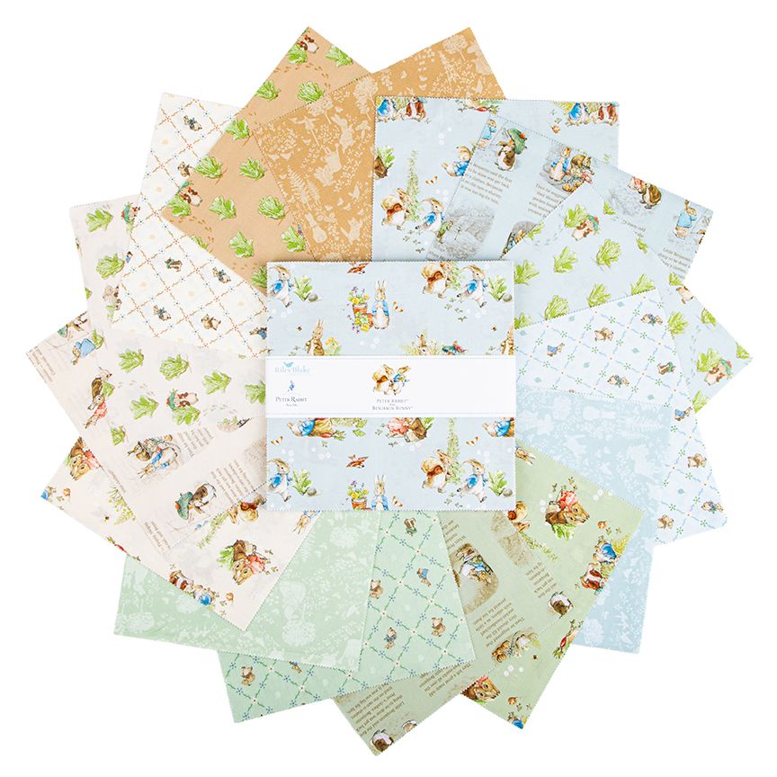 Collection of fabric swatches with Petter Rabbit and friends on various patterns on a white background