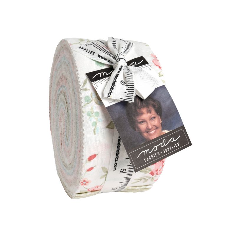 Fabric roll with floral pattern and Moda label on a white background
