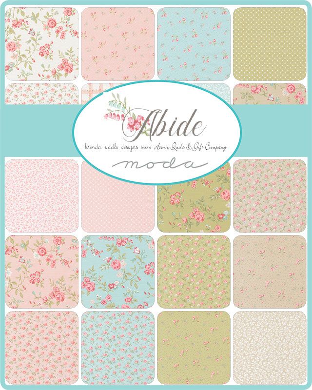 A paper pattern swatch grid with multiple pastel floral and dotted squares, centered around an oval label reading 'Abide' and 'moda'