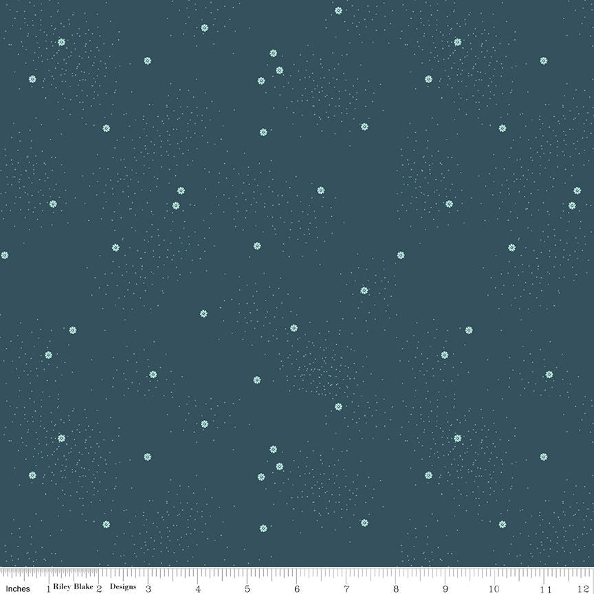 A fabric pattern swatch featuring a dark teal background with a scattered print of small white dots and daisies, with a ruler scale at the bottom indicating inches and Riley Blake branding.
