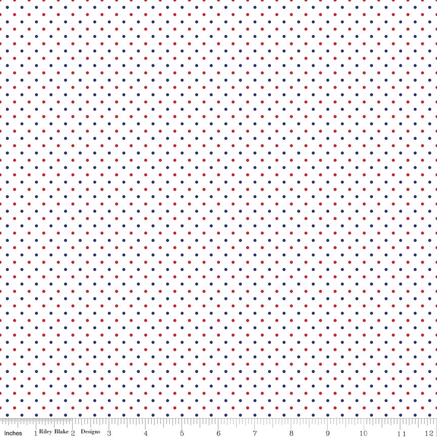 Fabric with small red and blue polka dots on a white background