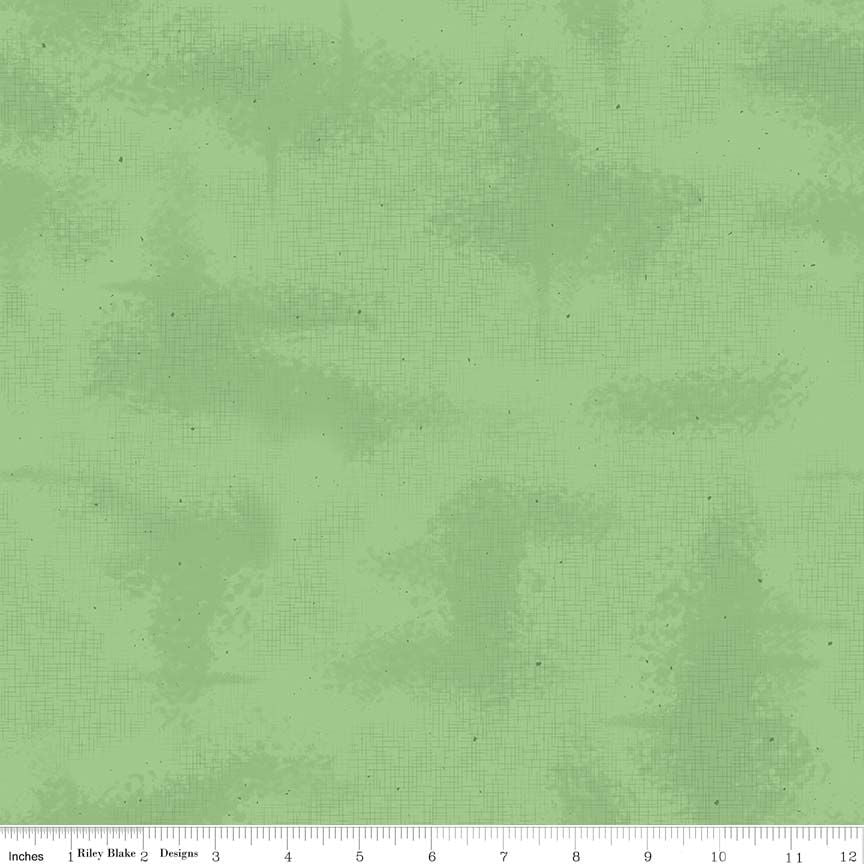 A flat-lay view of a light green fabric with a subtle textured, distressed pattern. A white ruler with inch markings and the text 'Riley Blake Designs' is visible along the bottom edge.