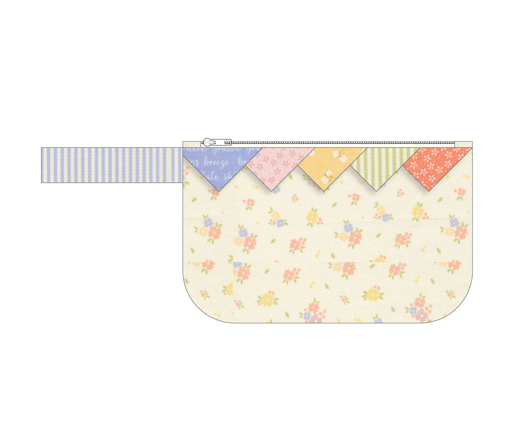 A flat-lay view of a zippered wristlet pouch with a pastel multicolor patterned flap made of triangular pennant sections, attached to a striped blue and white handle, on a plain white background.