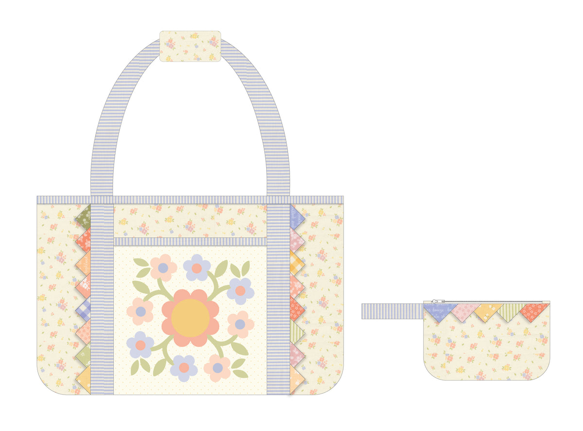 A quilted tote bag and matching small wristlet with a patchwork floral design on a white background.