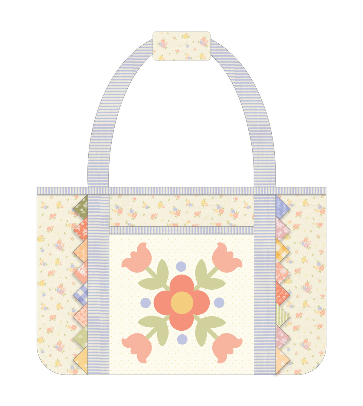 A patchwork tote bag with striped handles and a central floral applique design, shown on a plain white background.