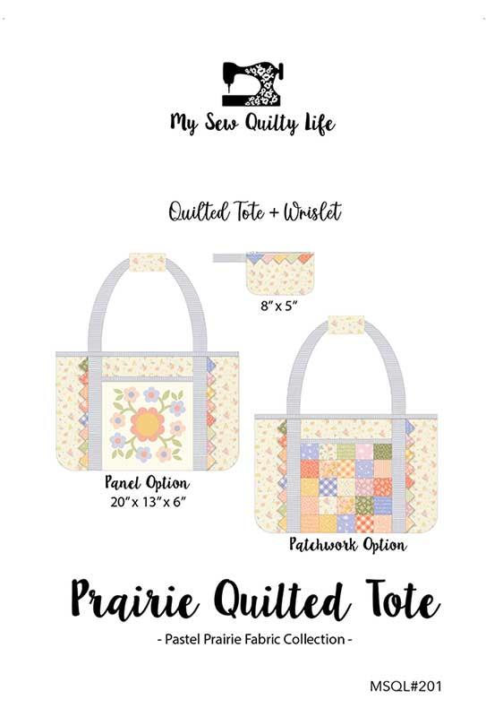 Quilted tote and wallet pattern with fabric options on a white background