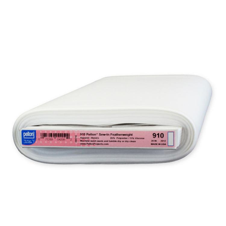 Roll of Pellon Sew-In Featherweight stabilizer.  White fabric with a label on a white background