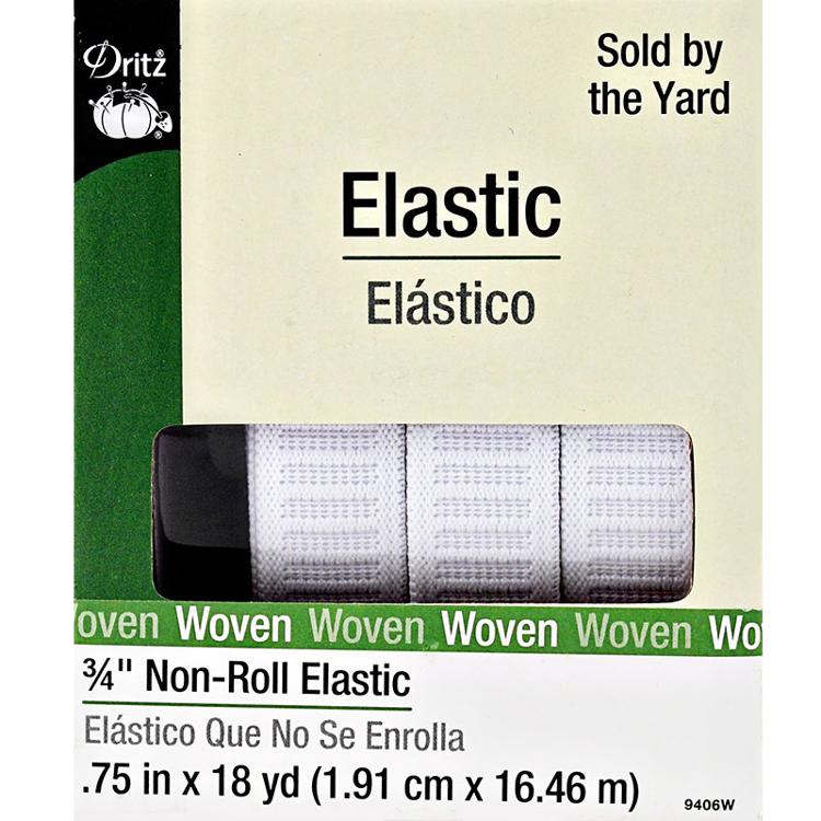 A package of Dritz brand 3/4 inch non-roll woven elastic, shown with a clear window revealing three rolls of white elastic band on a cream-colored cardboard backing with green and black text.