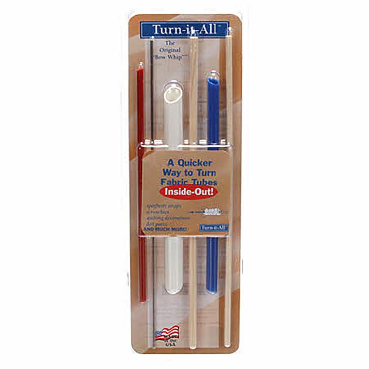 Packaged product with 'Turn-it-All' branding on a white background.  Contains 3 tubes and 3 push sticks.  Great for turning fabric tubes after sewing. 