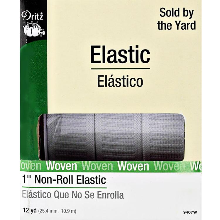 Dritz brand packaging for 1-inch non-roll elastic, showing a roll of white woven elastic inside a package with a cream background and green accents.