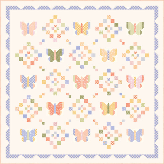 A square quilt featuring a grid of pastel butterflies and geometric floral blocks on a warm cream background, framed by a blue-and-white gingham border.