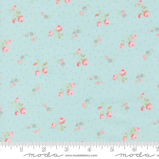 Floral pattern on a light blue background with a ruler for scale.