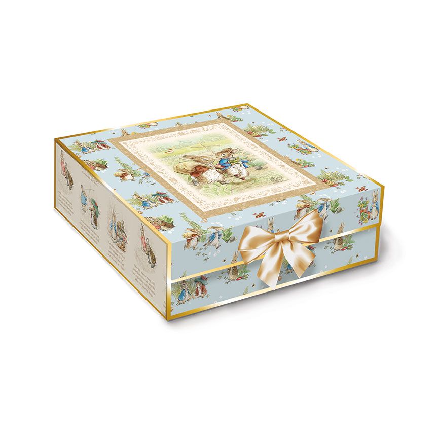 Decorative box with illustrated design and gold ribbon on a white background