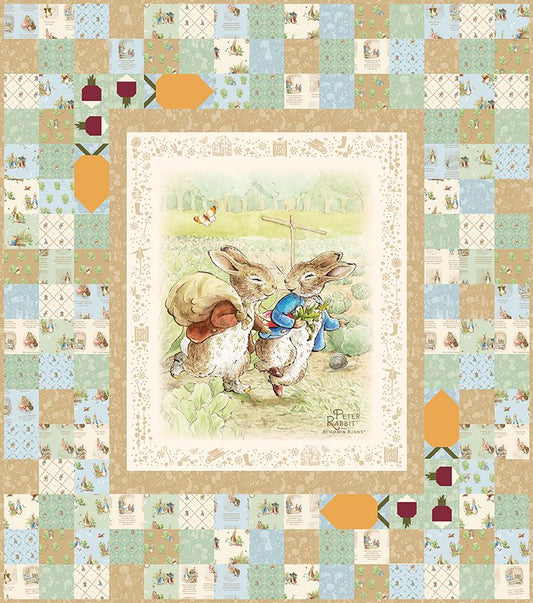 A square quilt featuring a central vintage illustration of two rabbits in a field, surrounded by a patchwork border in soft pastel colors.