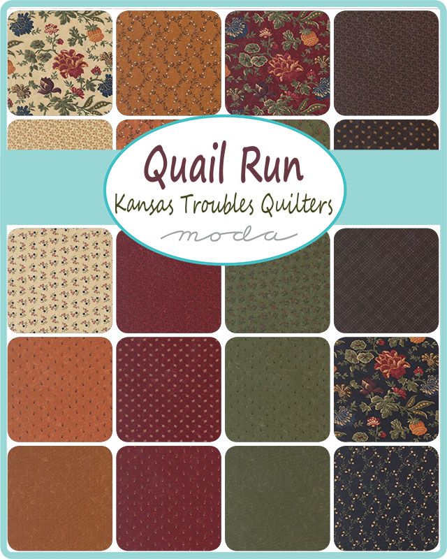 Collection of quilt squares with 'Quail Run' by Kansas Troubles Quilters on a teal background