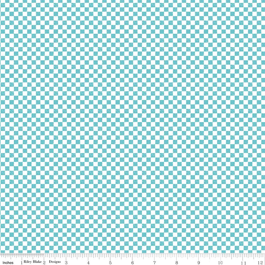 White fabric with a small aqua checkered pattern