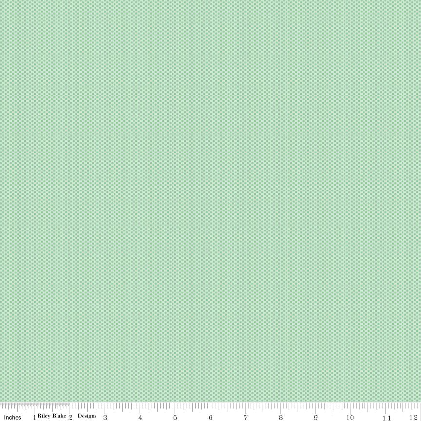 A flat fabric swatch showing a mint green and white micro-dotted pattern, with a ruler at the bottom indicating scale.