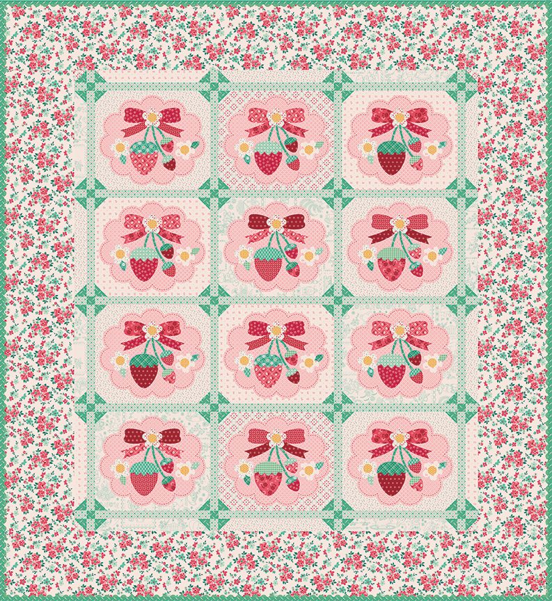 A square quilt featuring a grid of 12 floral medallions with strawberries, bows, and small flowers, surrounded by a green and pink floral border.