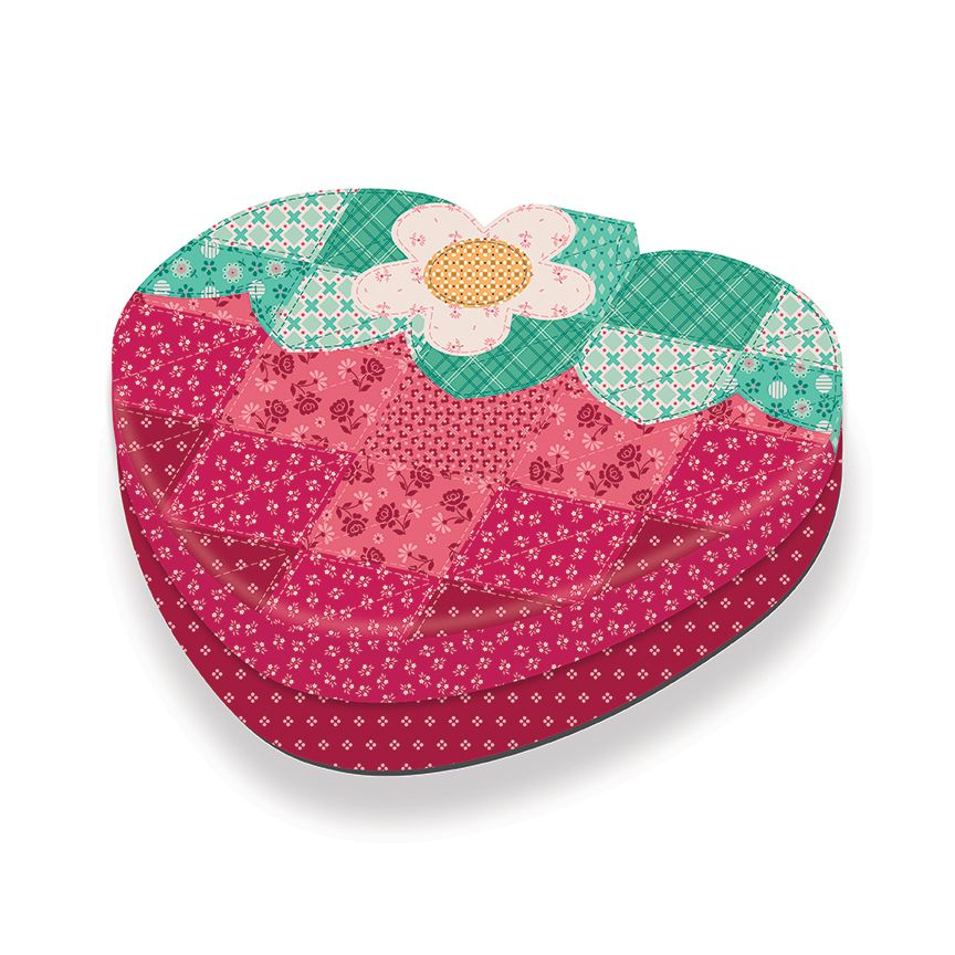 Heart-shaped patchwork box with a floral design on a white background