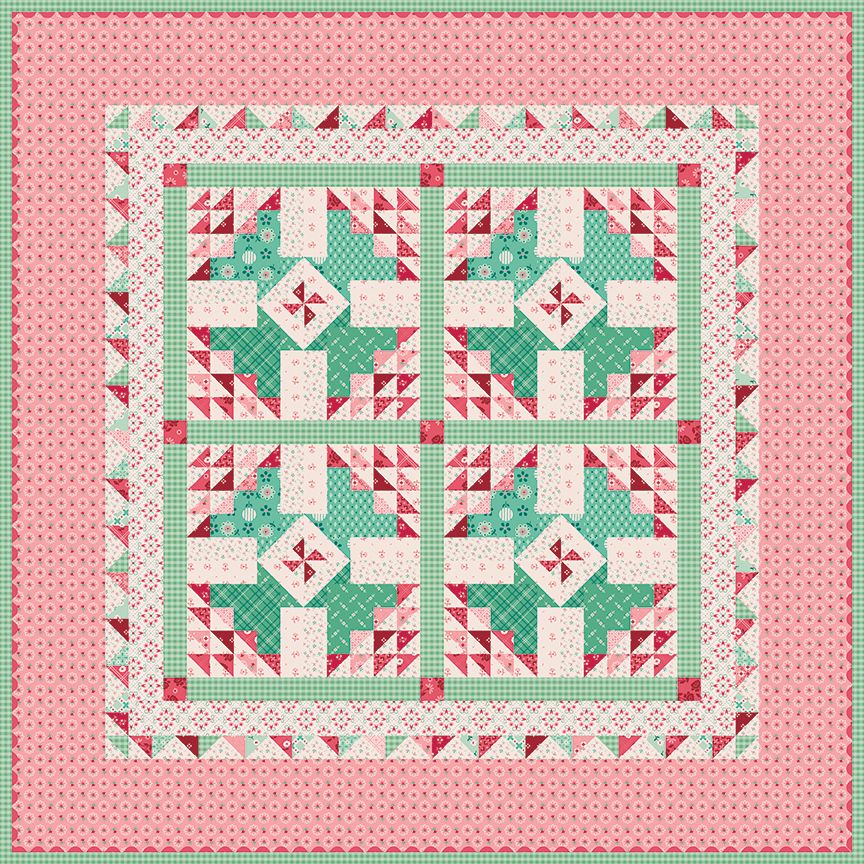 A square quilted patchwork design with a pink outer border, mint green and white gingham sections, and red and white geometric blocks arranged in a symmetrical pattern.