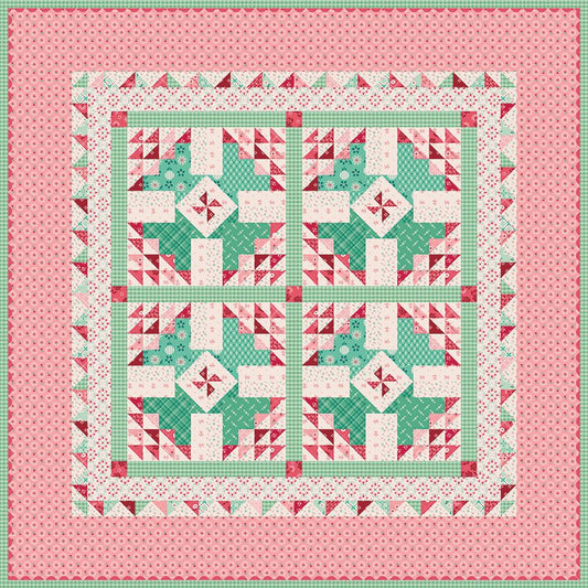 A square quilted patchwork design with a pink outer border, mint green and white gingham sections, and red and white geometric blocks arranged in a symmetrical pattern.