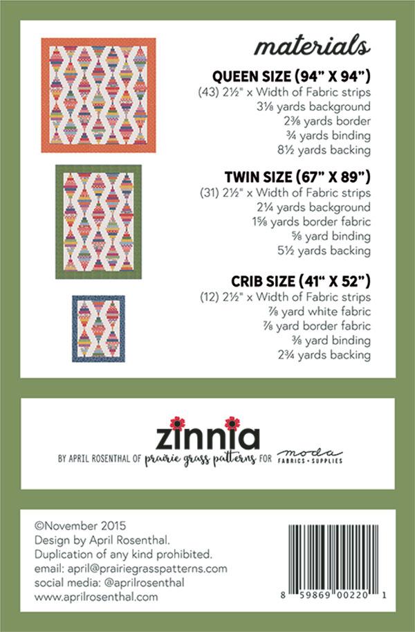 Fabric pattern information sheet with material requirements for different sizes.