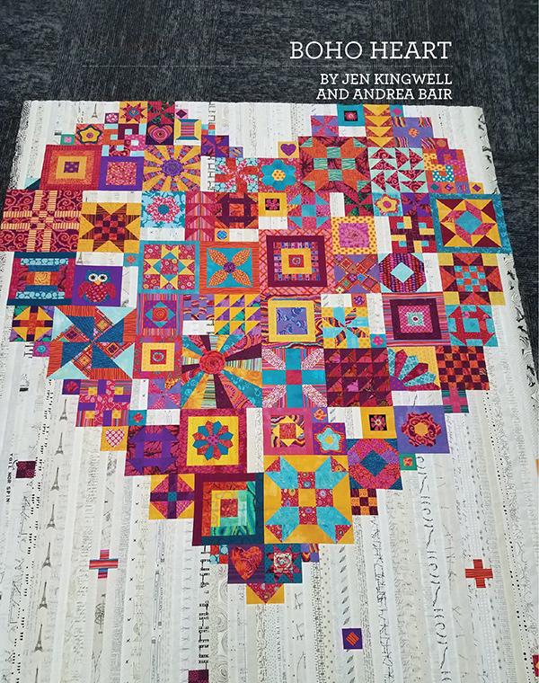Book cover showing a colorful quilt with geometric pattern on a textured surface, featuring the text 'Boho Heart by Jen Kingwell and Andrea Bair'.