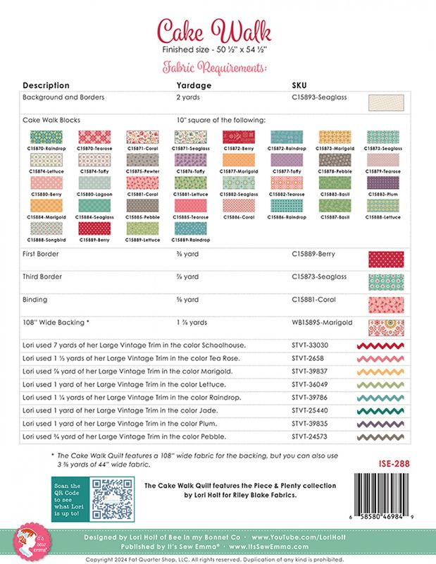 A fabric requirements sheet for the Cake Walk Quilt finished size 50 in x 54 in, showing color swatches, SKUs, yardage requirements, and a barcode on a white background.