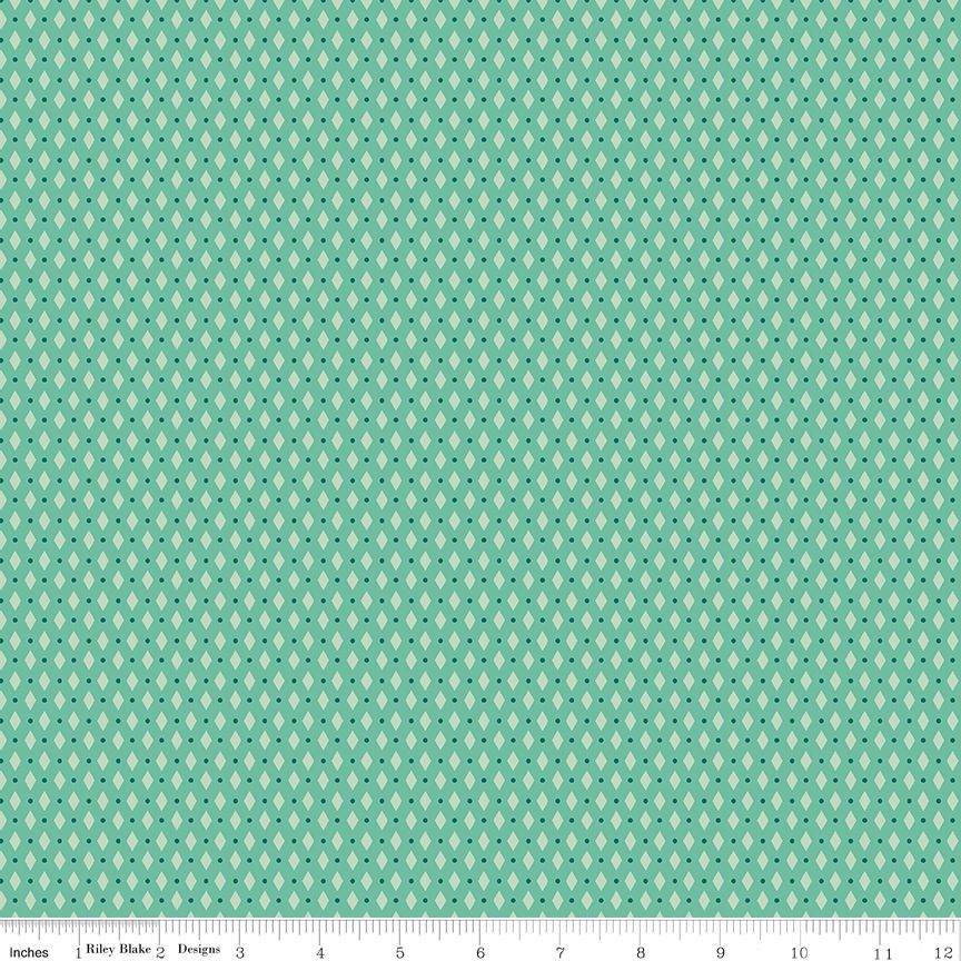 Pattern of light green diamonds and dark green polka dogs on a green background