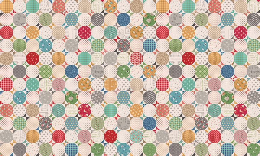 A repeating pattern of circular quilt blocks in many colors and prints, including gingham, polka dots, floral, and striped fabrics, arranged in a grid.