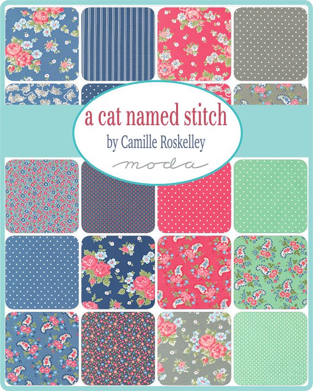 Collection of A Cat Named Stitch fabric swatches with floral and striped patterns, featuring the brand 'Moda'.